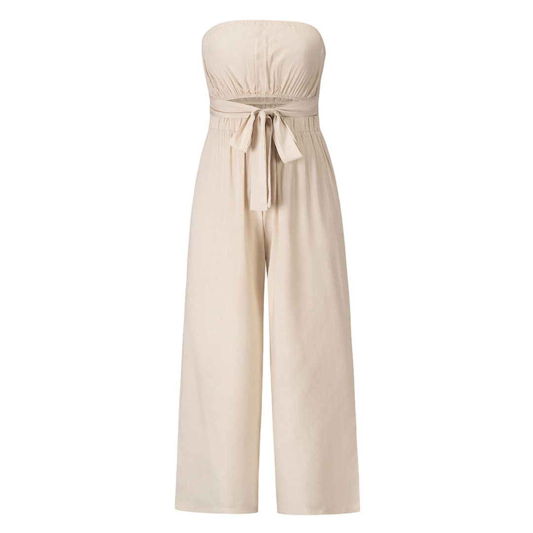 Women's Jumpsuit - Strapless - Waistband - Wide Leg Width - Elegant and Comfortable