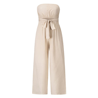 Women's Jumpsuit - Strapless - Waistband - Wide Leg Width - Elegant and Comfortable