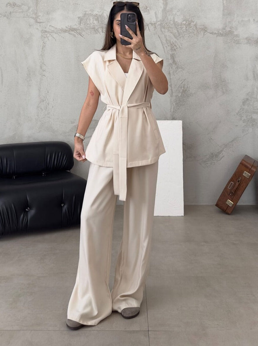 Sleeveless Cardigan and High-Waisted Pantsuit Set