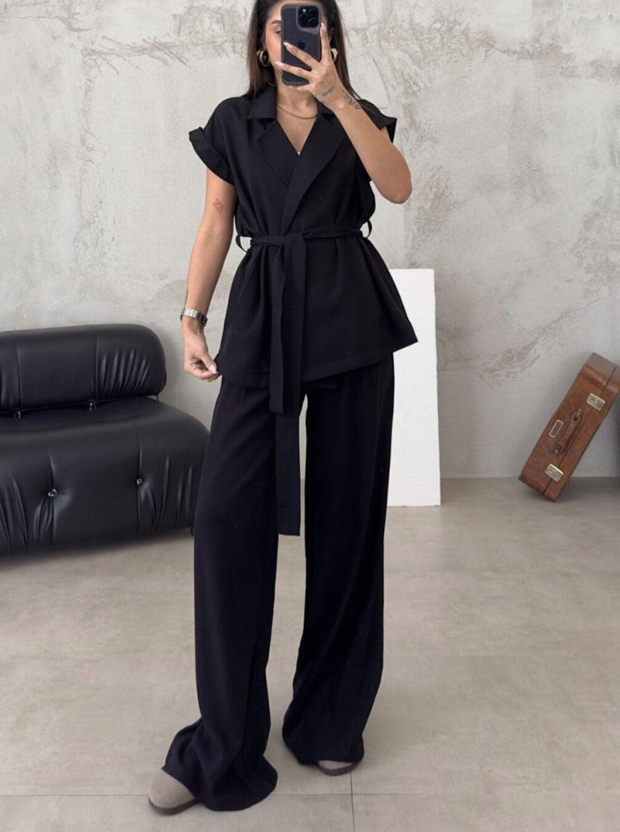 Sleeveless Cardigan and High-Waisted Pantsuit Set