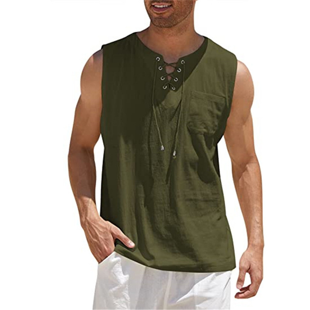 Men's Sleeveless Shirt With Lace Up Front Relaxed Fit Cotton Blend Chest Pocket For Casual Summer Wear