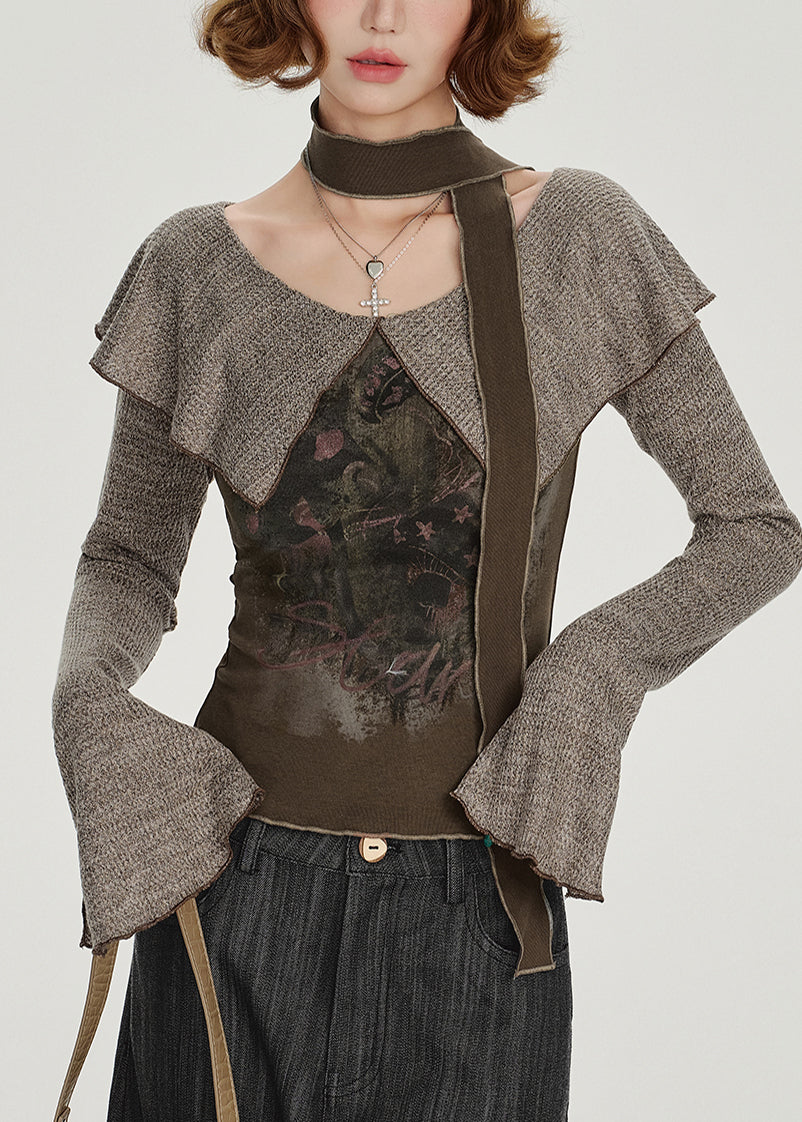 Chemise en coton patchwork à col Peter Pan Art Brown, printemps - TrendAura