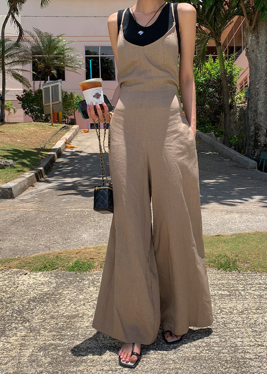 Combinaison pantalon large en coton marron avec ceinture nouée à la taille pour l'été - TrendAura