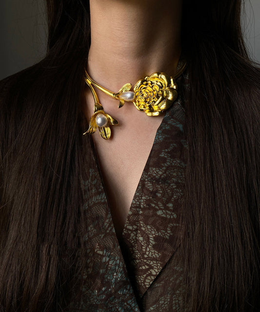 Collier Art Gold Copper Alloy Pearl Camélia - TrendAura