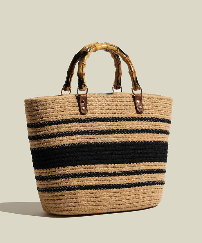 Sac fourre-tout en paille tissée à rayures kaki Art, grande capacité - TrendAura