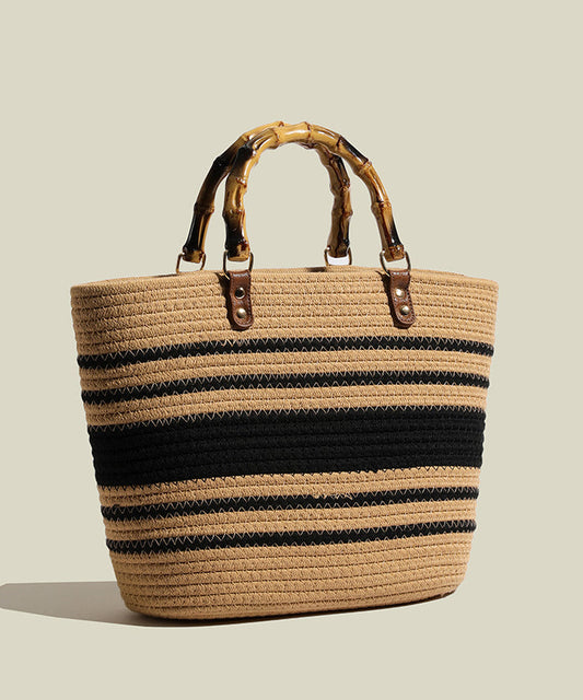 Sac fourre-tout en paille tissée à rayures kaki Art, grande capacité - TrendAura