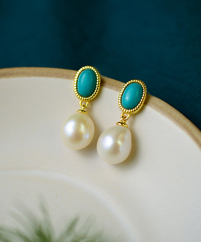 Boucles d'oreilles pendantes en argent sterling et perles turquoise surdorées Art White - TrendAura