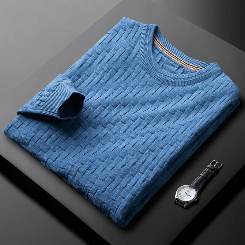 Aspen Sweater By TrendAura Men's Green 3D Knit Cotton Blend Geometric Pattern Crewneck