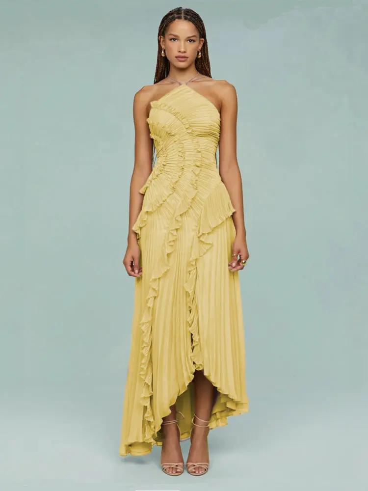 Asymmetric Pleated Maxi Dress for Women – Elegant & Flowing