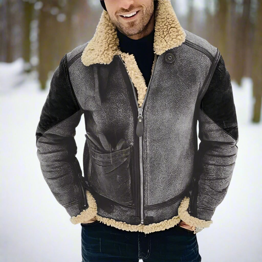 Men's Aviator Jacket With Shearling Trim Classic Fit Zip Front Reinforced Elbows Durable Winter Outerwear