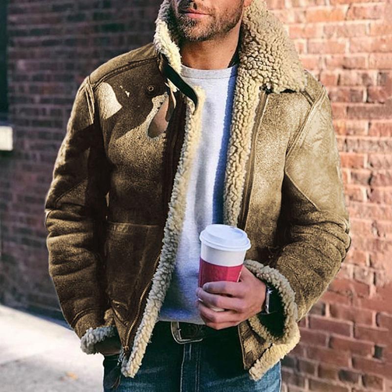 Men's Aviator Jacket With Shearling Trim Classic Fit Zip Front Reinforced Elbows Durable Winter Outerwear