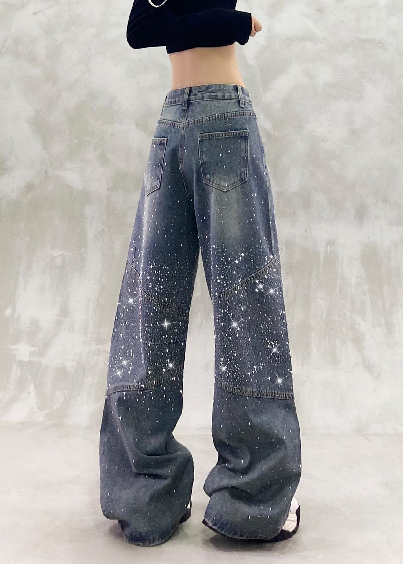 Pantalon droit en denim à taille haute et zircon, nouveauté automne - TrendAura