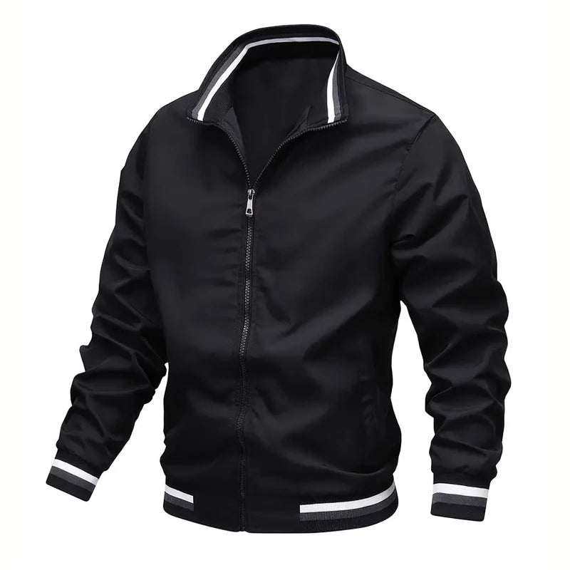 Autumn Mens Lightweight Windbreaker Jacket With Stand Collar And Striped Cuffs And Hem By TrendAura