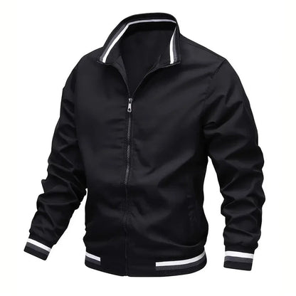 Autumn Mens Lightweight Windbreaker Jacket With Stand Collar And Striped Cuffs And Hem By TrendAura