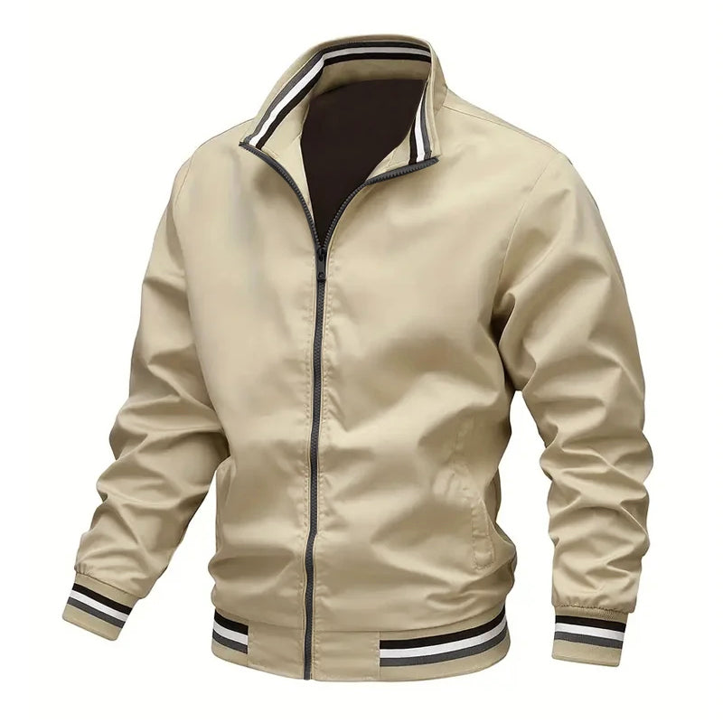 Autumn Mens Lightweight Windbreaker Jacket With Stand Collar And Striped Cuffs And Hem By TrendAura