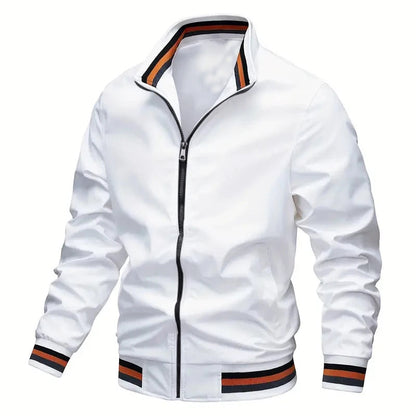 Autumn Mens Lightweight Windbreaker Jacket With Stand Collar And Striped Cuffs And Hem By TrendAura