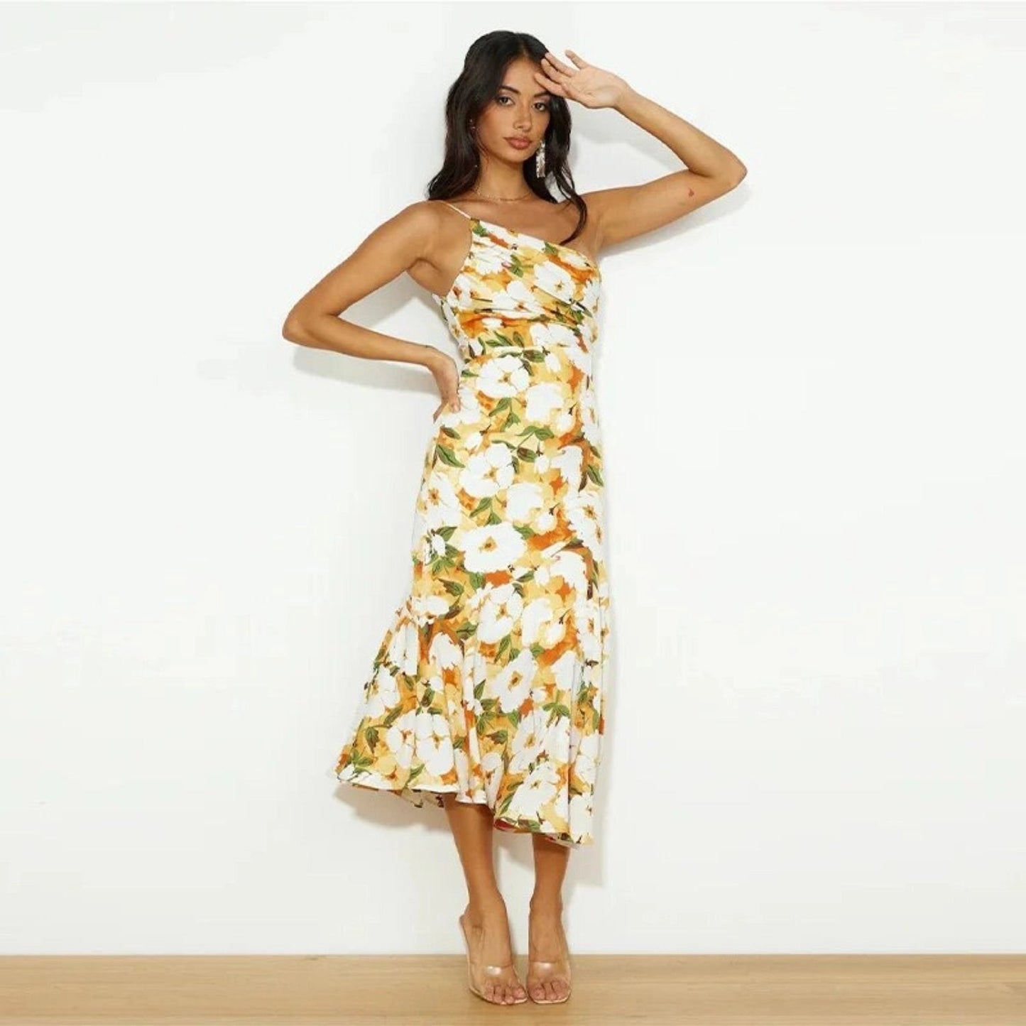 Women's Maxi Dress with Asymmetrical Cut and Floral Design