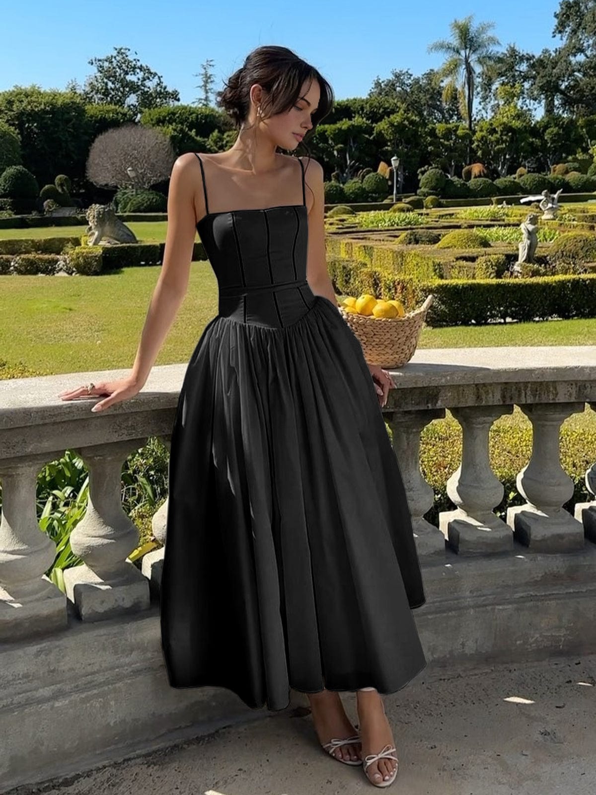 Dress for Women – Long A-line – Light Satin – Spaghetti Straps – Fitted Bodice