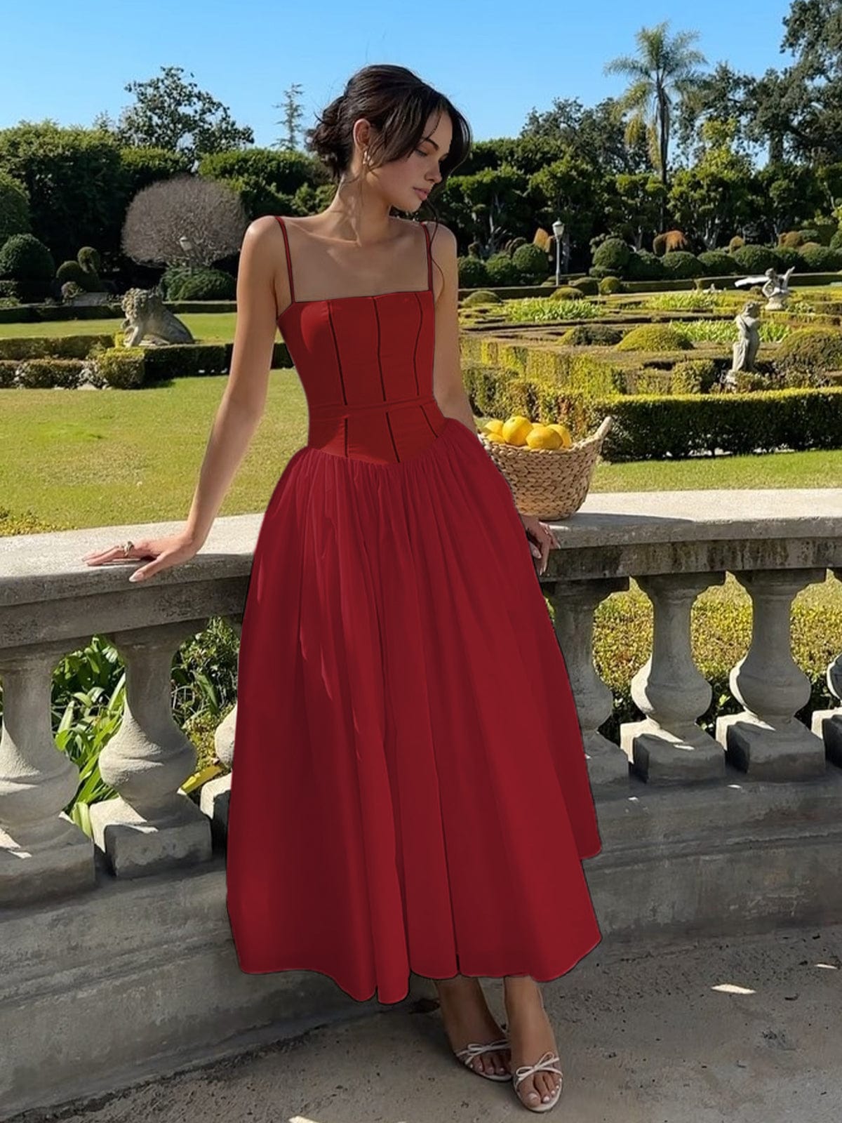 Dress for Women – Long A-line – Light Satin – Spaghetti Straps – Fitted Bodice