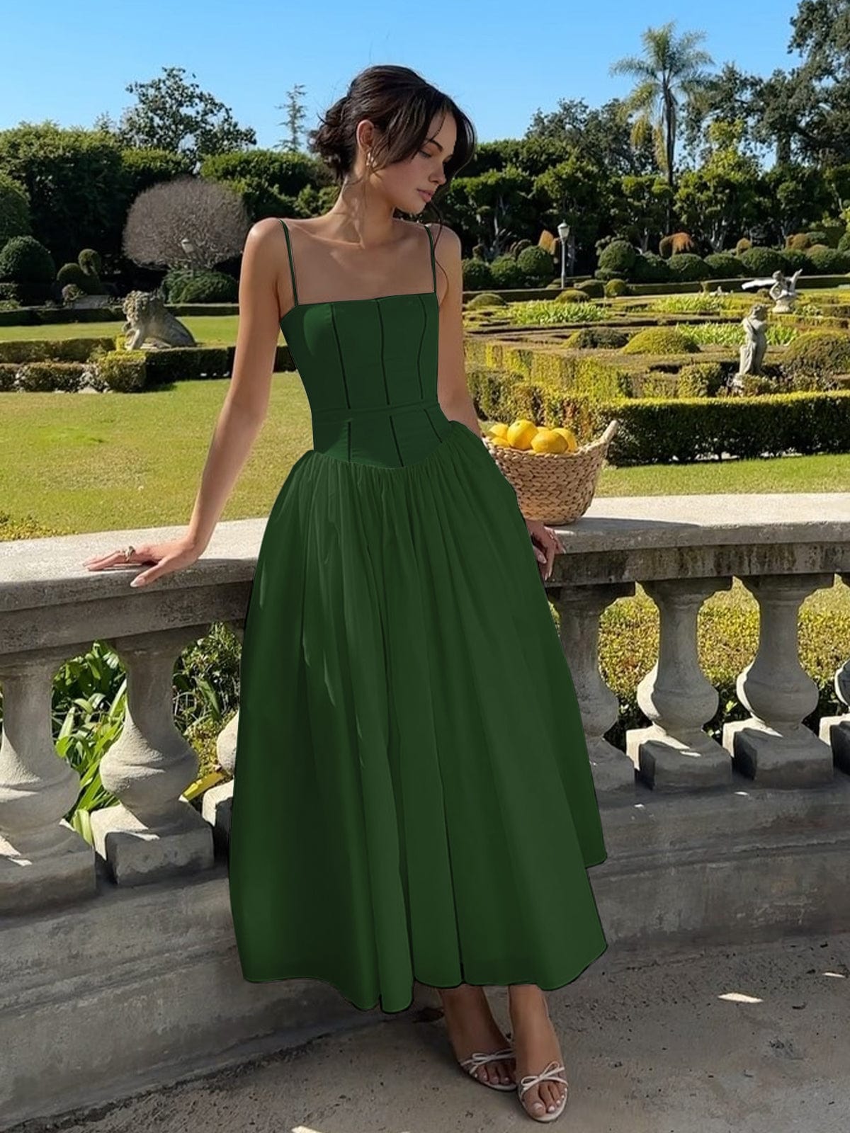 Dress for Women – Long A-line – Light Satin – Spaghetti Straps – Fitted Bodice