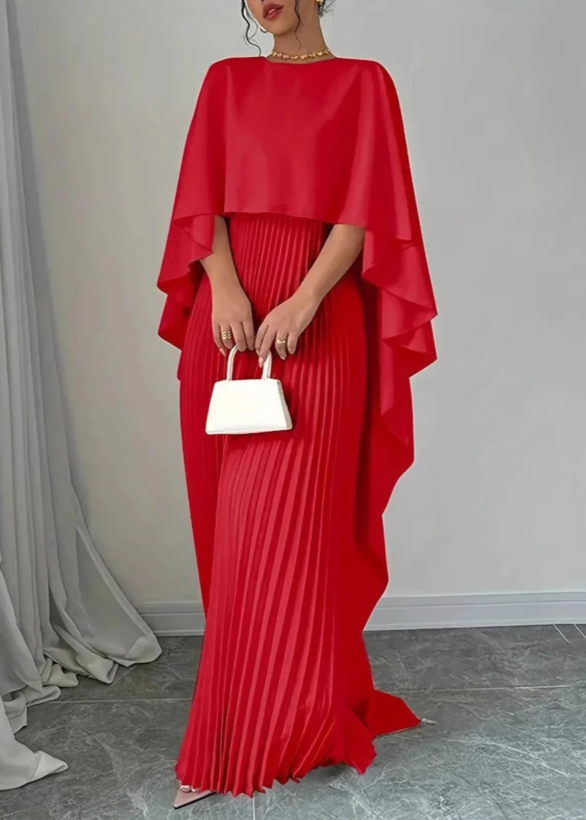 TrendAura Amelia Womens Pleated Cape Overlay Maxi Dress - Elegant Evening Sophistication