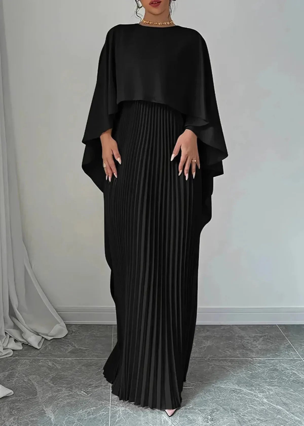 TrendAura Amelia Womens Pleated Cape Overlay Maxi Dress - Elegant Evening Sophistication