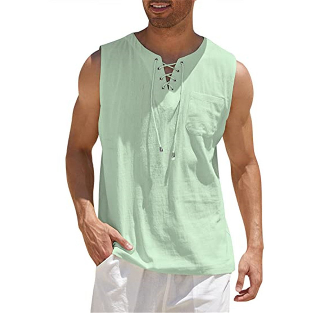 Men's Sleeveless Shirt With Lace Up Front Relaxed Fit Cotton Blend Chest Pocket For Casual Summer Wear