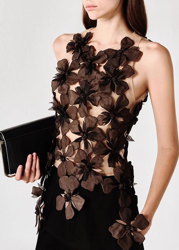 Magnifique haut en tulle noir à fleurs sans manches - TrendAura