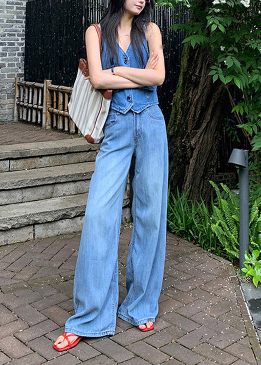 Magnifique pantalon en jean taille haute à poches bleues pour l'automne - TrendAura