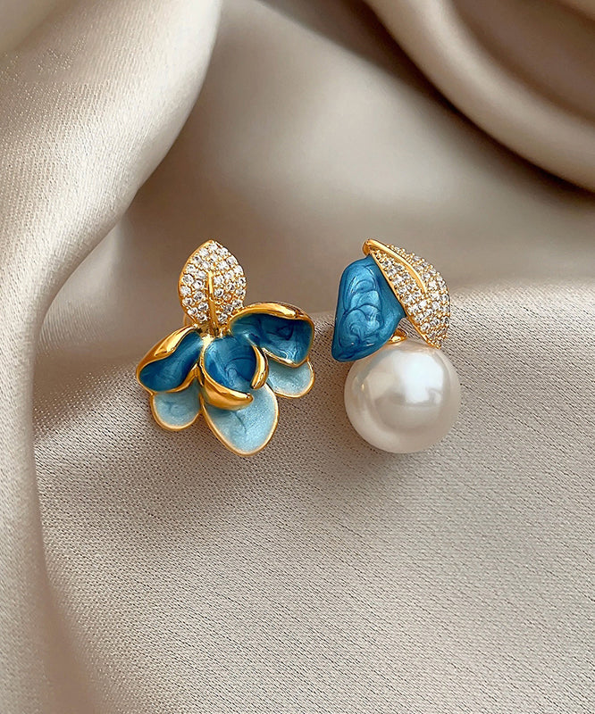 Magnifiques boucles d'oreilles à tige asymétriques en émail et zircon bleu cuivre - TrendAura