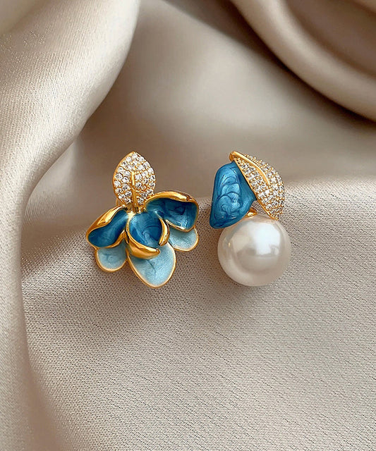 Magnifiques boucles d'oreilles à tige asymétriques en émail et zircon bleu cuivre - TrendAura