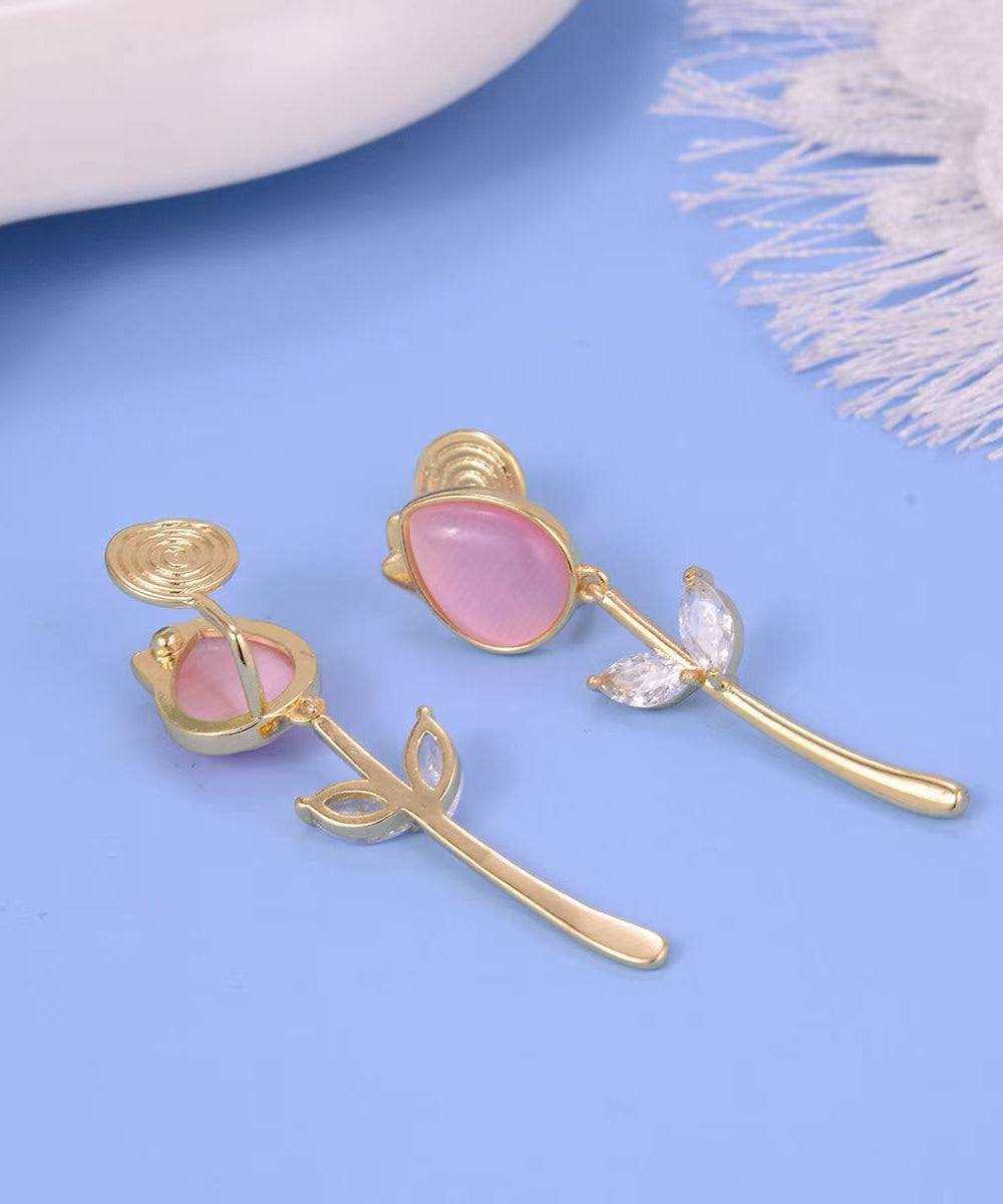 Magnifiques boucles d'oreilles pendantes tulipes en pierre œil de chat surdorée en cuivre - TrendAura