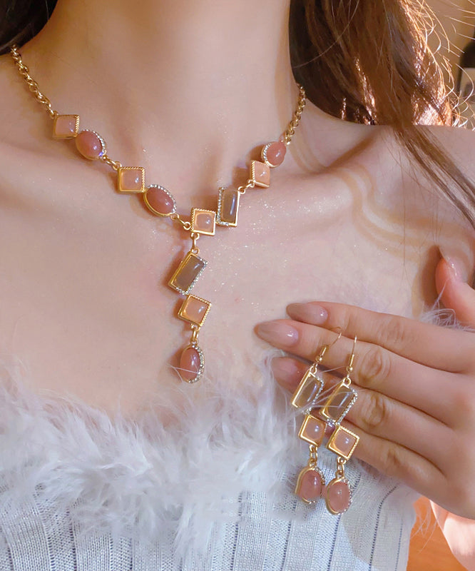 Magnifique ensemble deux pièces composé d'un collier avec pendentif à pampilles et de boucles d'oreilles pendantes en alliage de cuivre doré et zircon - TrendAura