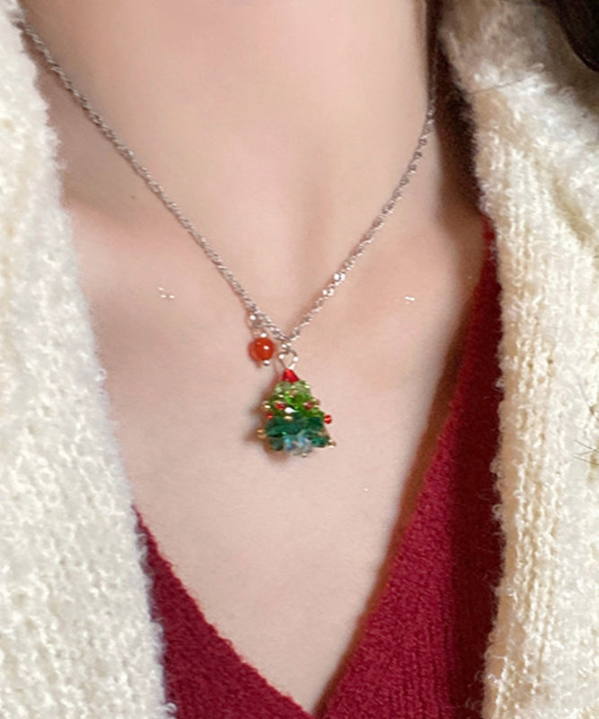 Magnifique collier avec pendentif en forme de sapin de Noël en acier inoxydable vert et cristal - TrendAura