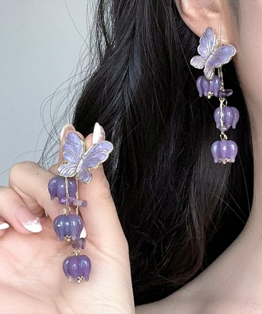 Magnifiques boucles d'oreilles pendantes en alliage violet avec pompon et papillon - TrendAura