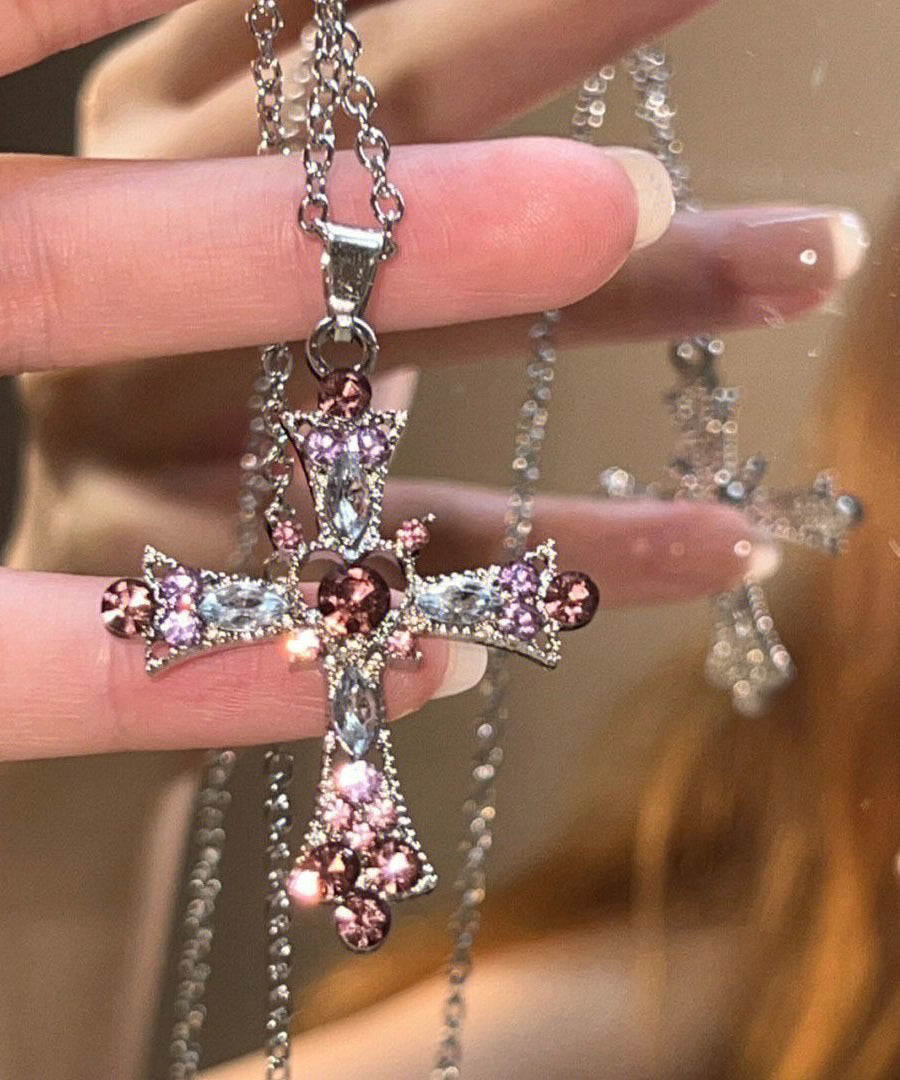 Magnifique collier lariat en alliage de zircon violet avec croix - TrendAura