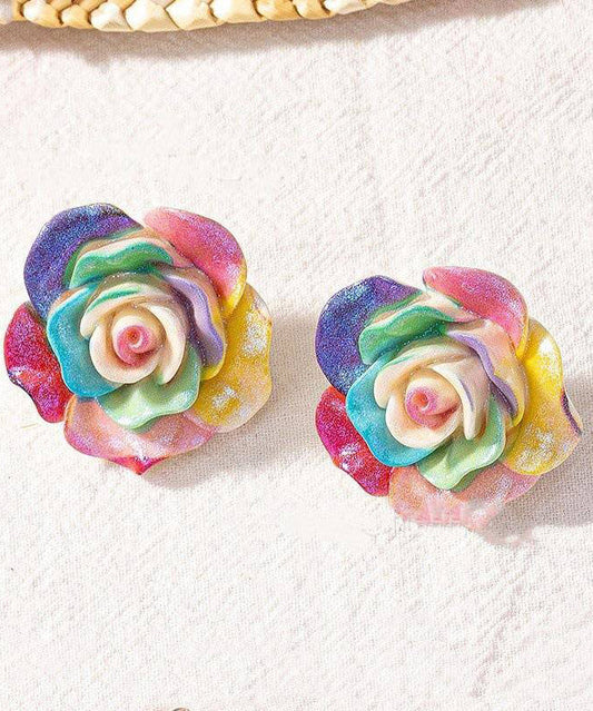 Magnifiques boucles d'oreilles à tige en résine et alliage arc-en-ciel en forme de rose - TrendAura