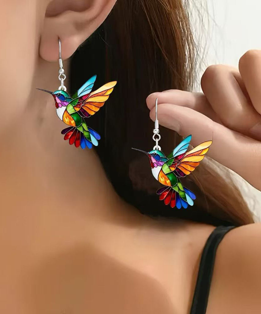 Magnifiques boucles d'oreilles pendantes en argent sterling et acrylique, motif oiseau arc-en-ciel - TrendAura