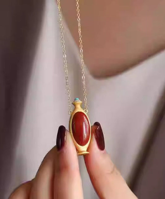 Magnifique collier avec pendentif en agate rouge surdoré en argent sterling - TrendAura
