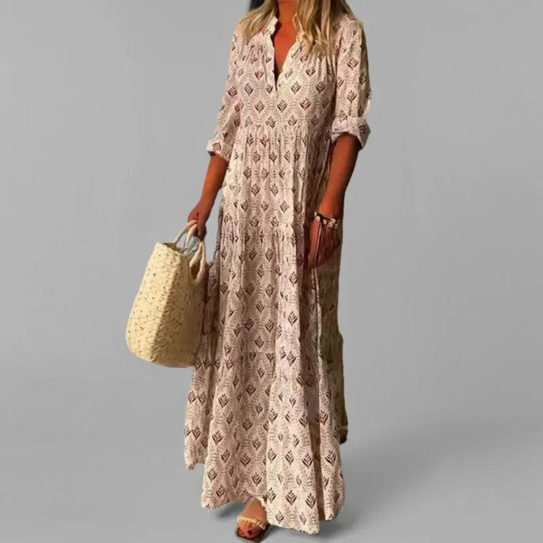 Belle Stand Collar Vintage Print Maxi Dress