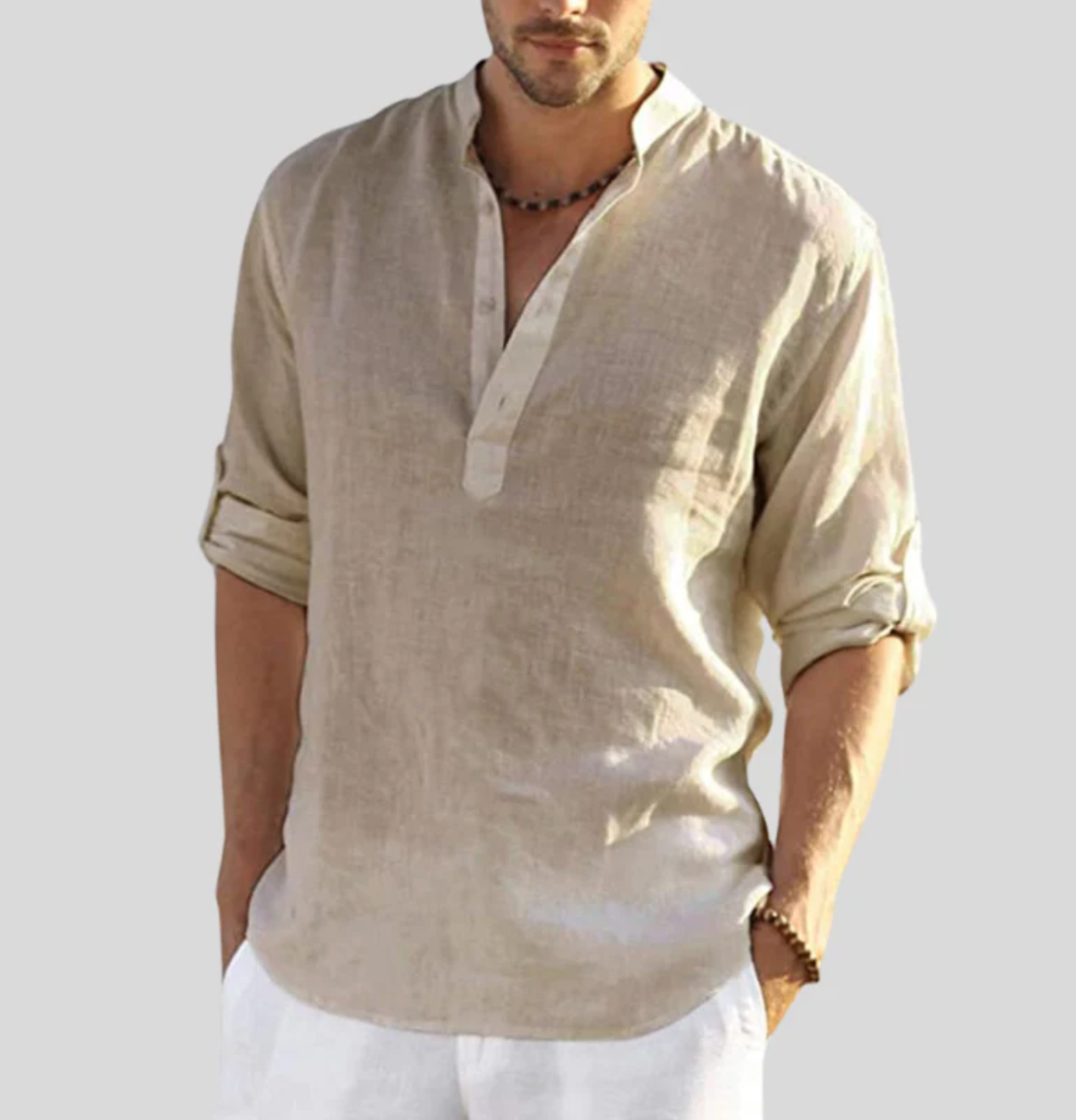 Nordisk Flair Men's Linen Shirt Relaxed Fit Mandarin Collar Long Sleeve Breathable Natural Fibers