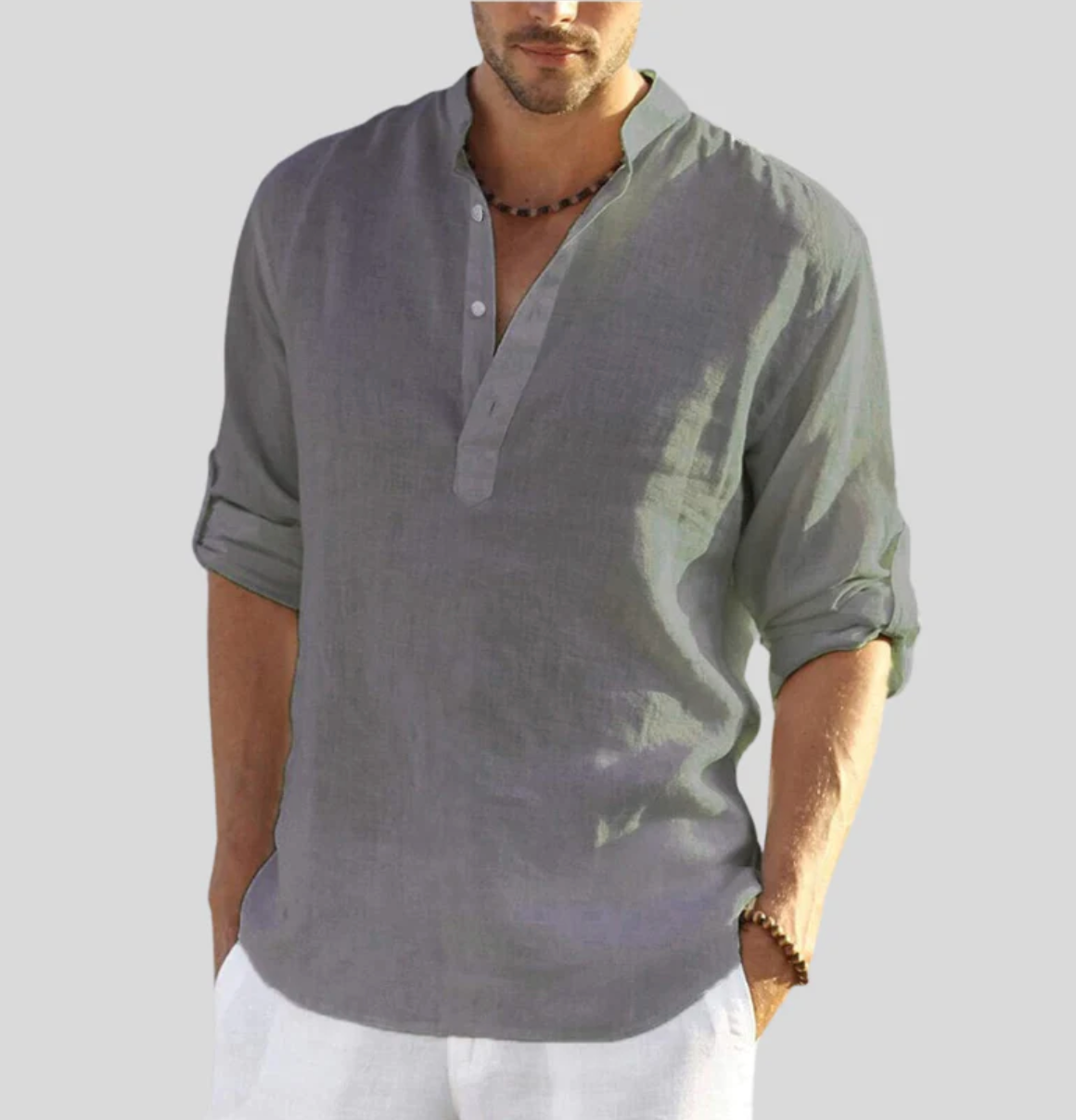 Nordisk Flair Men's Linen Shirt Relaxed Fit Mandarin Collar Long Sleeve Breathable Natural Fibers