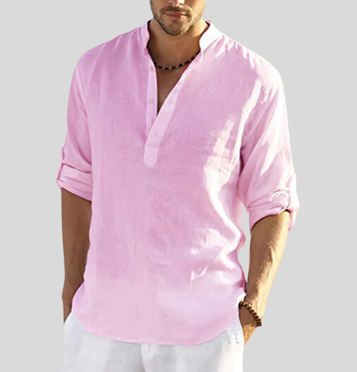 Nordisk Flair Men's Linen Shirt Relaxed Fit Mandarin Collar Long Sleeve Breathable Natural Fibers