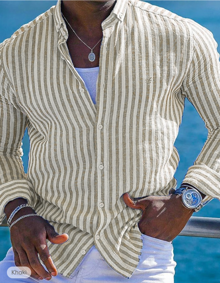 TrendAura Mens Slim Fit Striped Linen Cotton Shirt With Long Sleeves Breathable Summer Essential