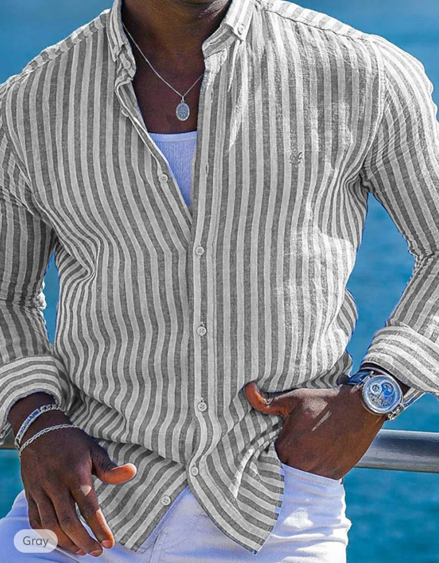TrendAura Mens Slim Fit Striped Linen Cotton Shirt With Long Sleeves Breathable Summer Essential