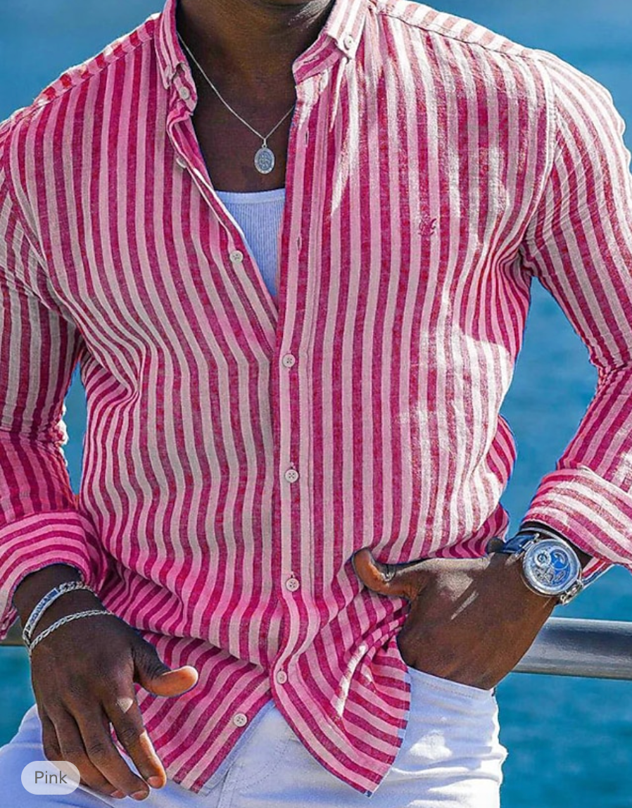 TrendAura Mens Slim Fit Striped Linen Cotton Shirt With Long Sleeves Breathable Summer Essential