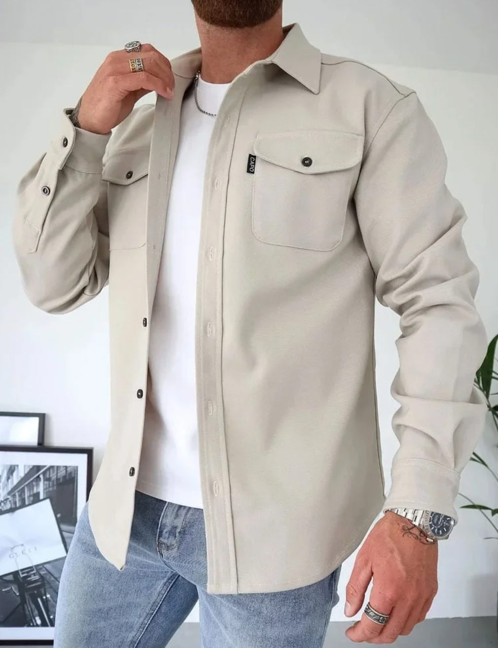 Men's Cotton Shirt Jacket with Button Closure and Chest Pockets Long Sleeve Casual Outerwear by TrendAura