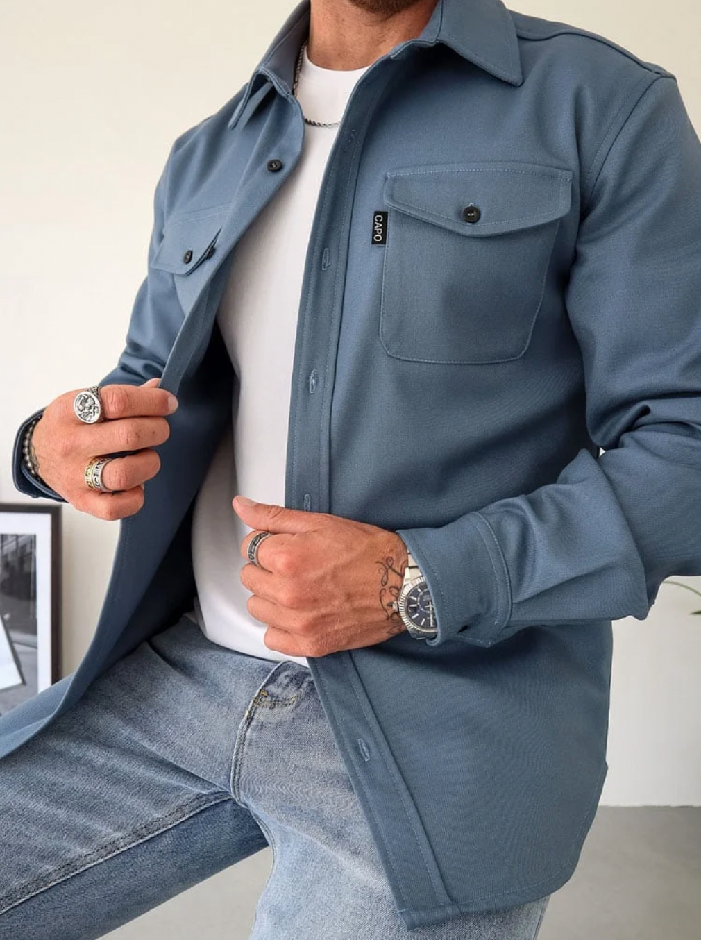 Men's Cotton Shirt Jacket with Button Closure and Chest Pockets Long Sleeve Casual Outerwear by TrendAura
