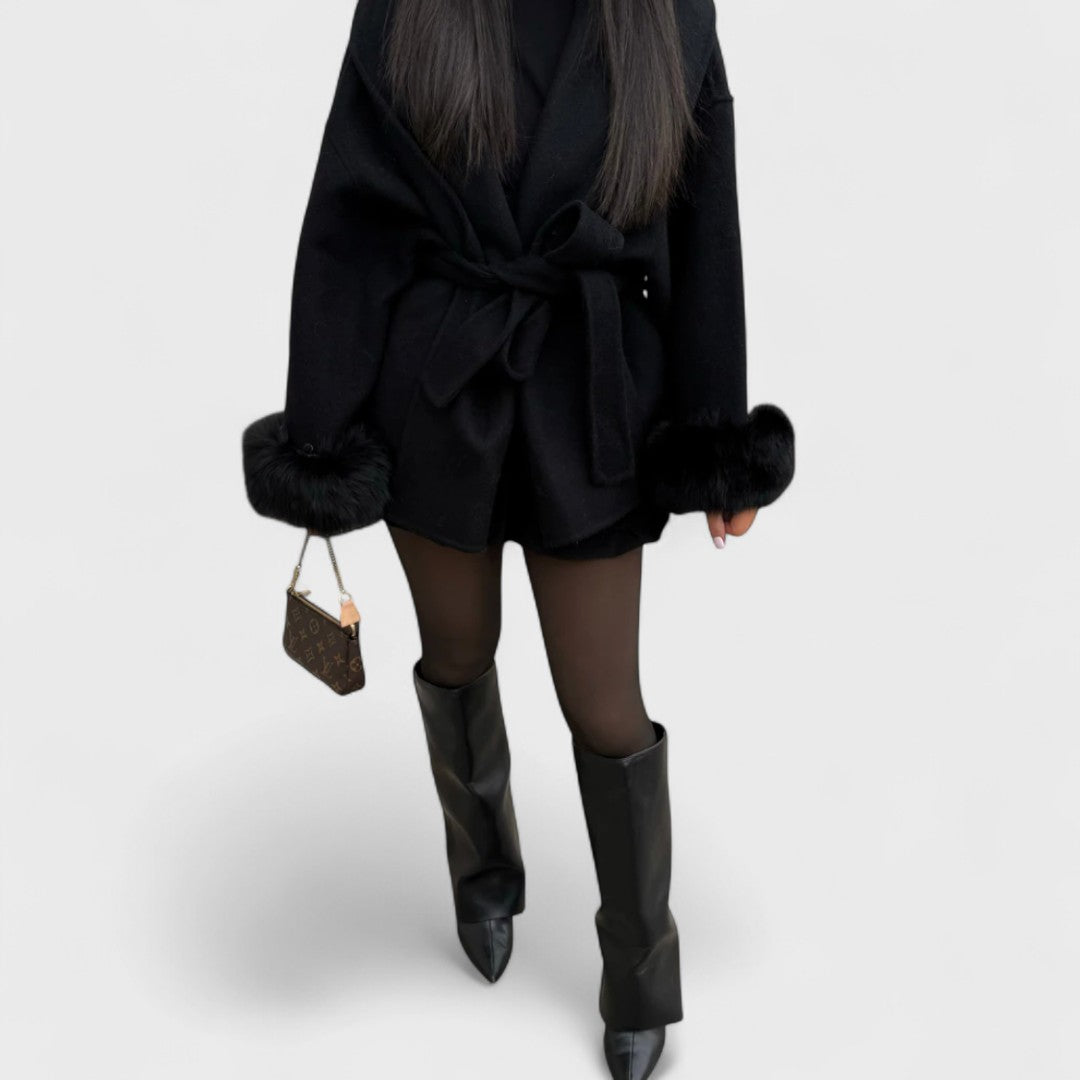 Naomi Luxe Wool Wrap Coat For Women Warm Elegant Wrap Silhouette With Self Tie Belt And Faux Fur Cuffs