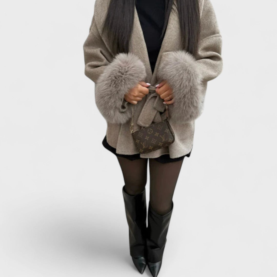 Naomi Luxe Wool Wrap Coat For Women Warm Elegant Wrap Silhouette With Self Tie Belt And Faux Fur Cuffs